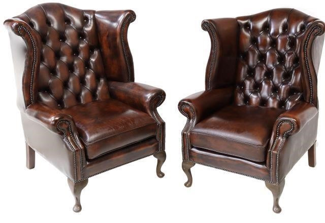  2 QUEEN ANNE STYLE LEATHER WINGBACK 35944e