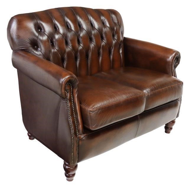 ENGLISH BUTTONED BROWN LEATHER LOVESEAT