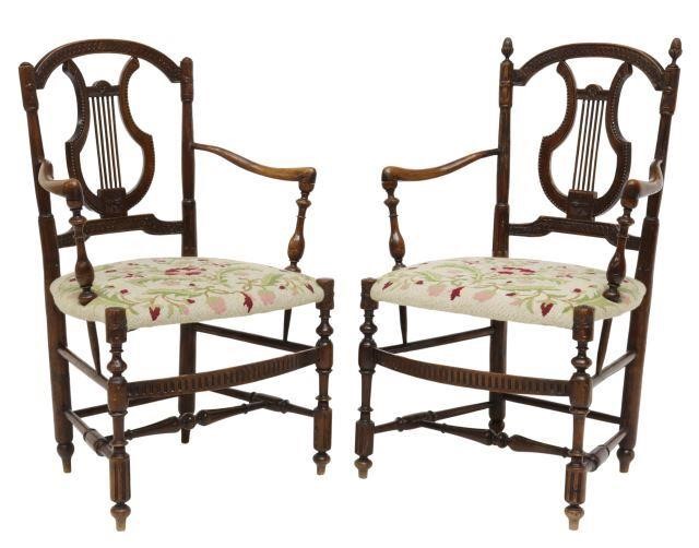 (2) FRENCH CARVED OAK LYRE-BACK FAUTEUILS(lot