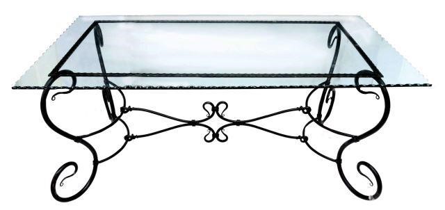GLASS-TOP WROUGHT IRON COFFEE TABLEGlass-top
