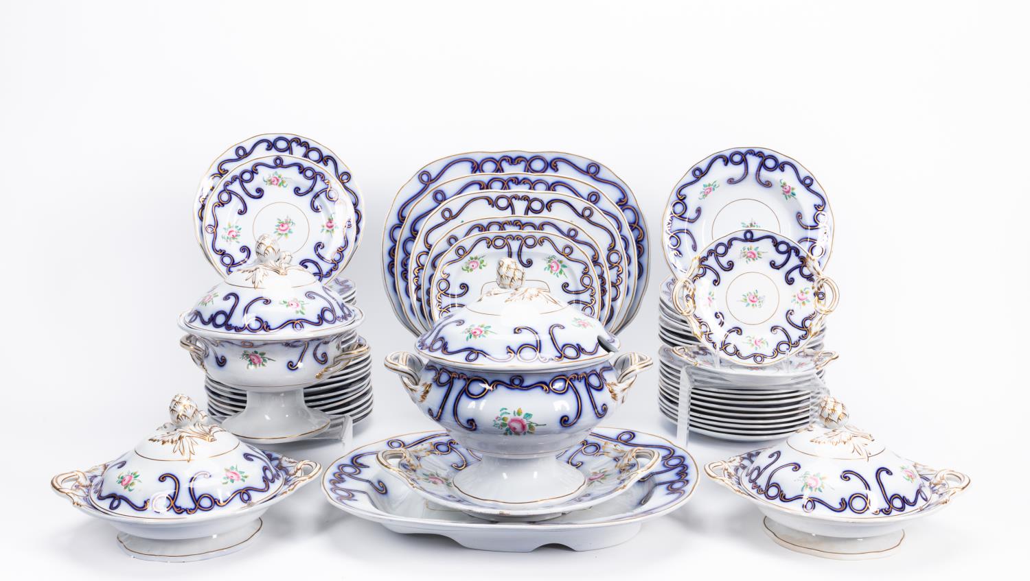 58 PCS, W. ADAMS FLOW BLUE & GILT DINNER