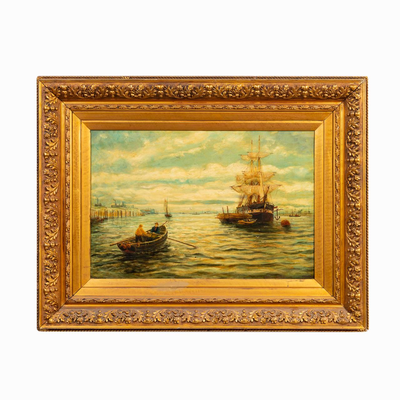 BRITISH SCHOOL HARBOR SCENE OIL 3596d7