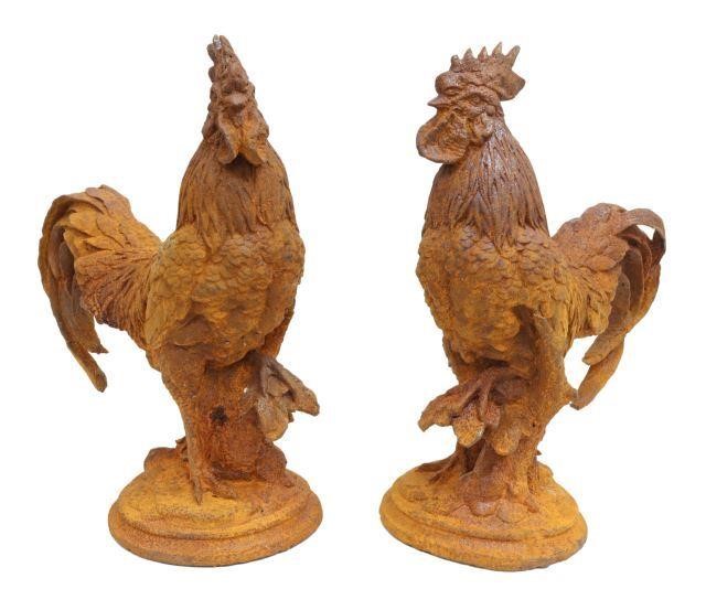  2 CAST IRON FIGURES OF ROOSTERS  3596f7