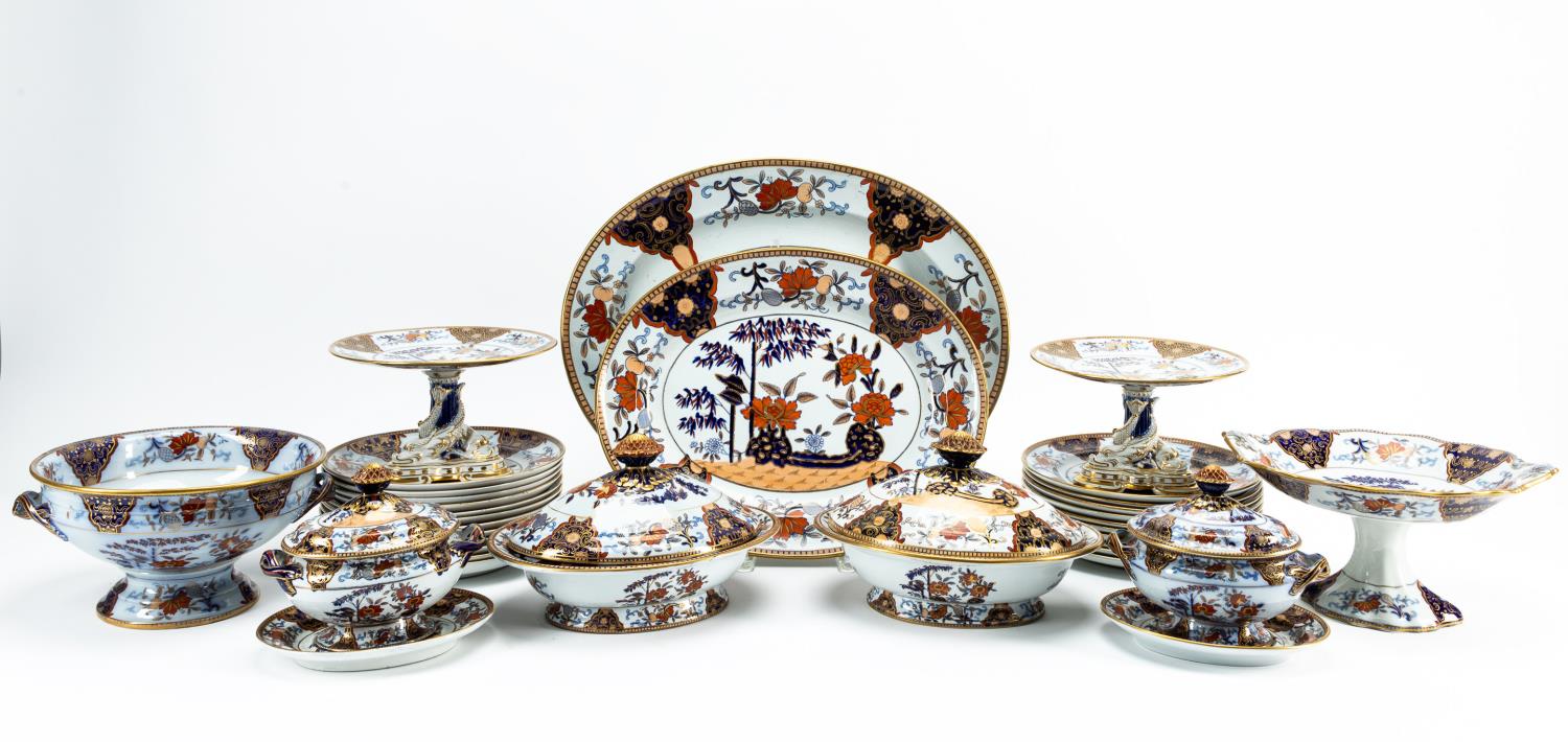 34 PCS, ENGLISH IMARI IRONSTONE DINNERWARE