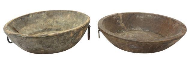  2 RUSTIC WOODEN HANDLED BOWLS  35977e