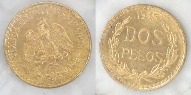  2 MEXICO 1945 DOS PESOS GOLD 3597aa