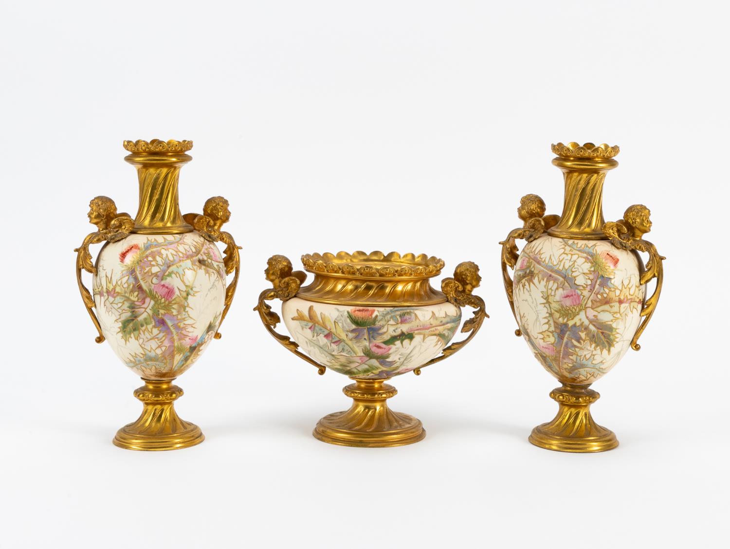 3 PC GILT METAL & FOLIATE CERAMIC