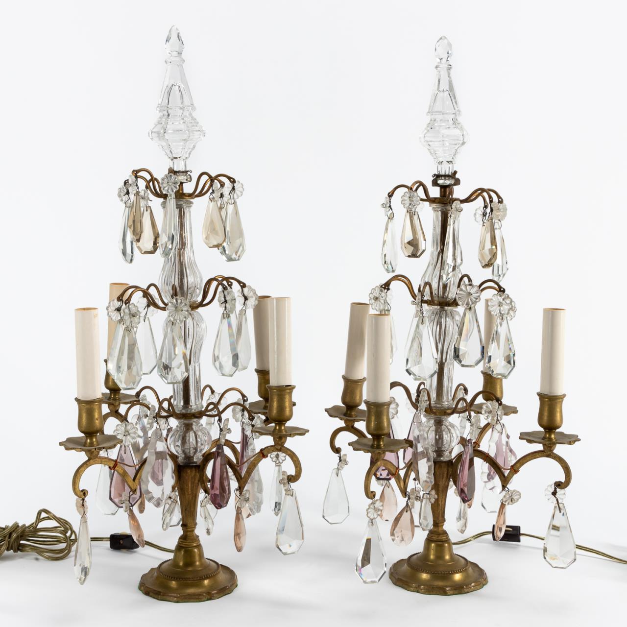 PAIR FOUR LIGHT BRASS AND CRYSTAL 3597e7