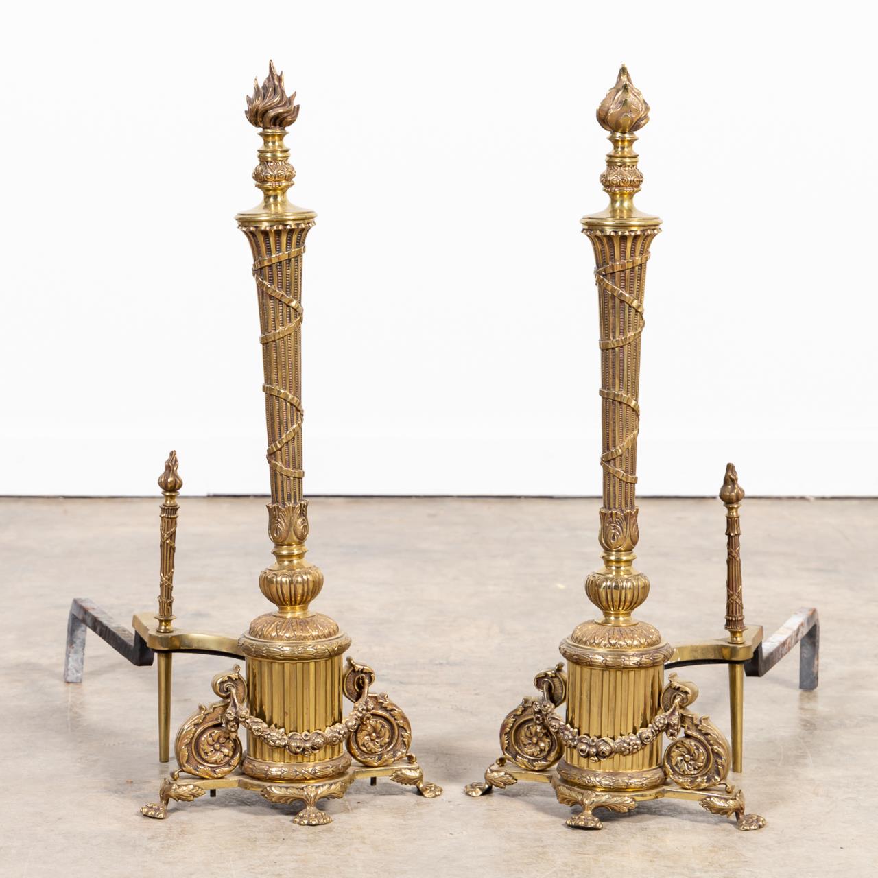 NEOCLASSICAL BRASS ANDIRONS TORCH 3597f8