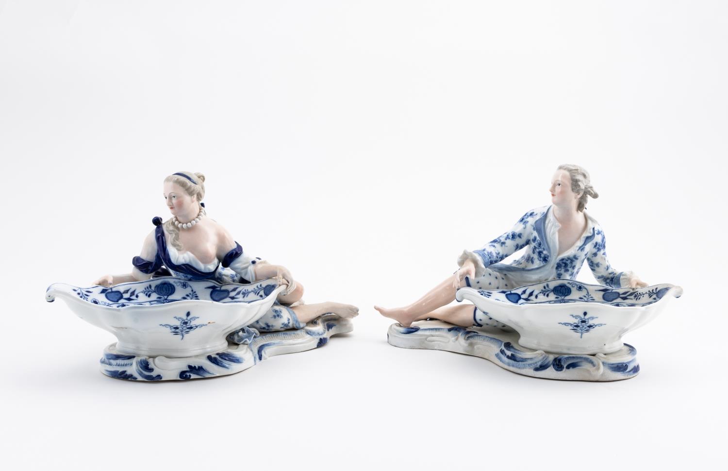 PAIR BLUE & WHITE MEISSEN FIGURAL