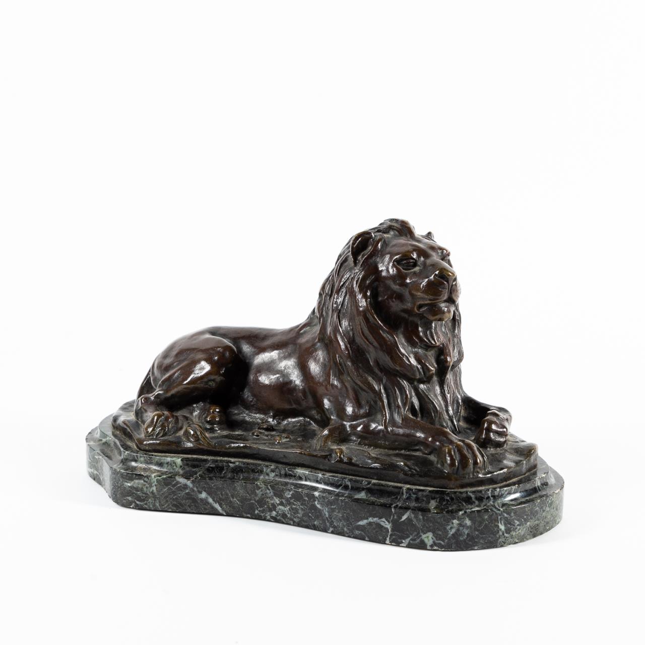 BRONZE RECUMBENT LION SCULPTURE,