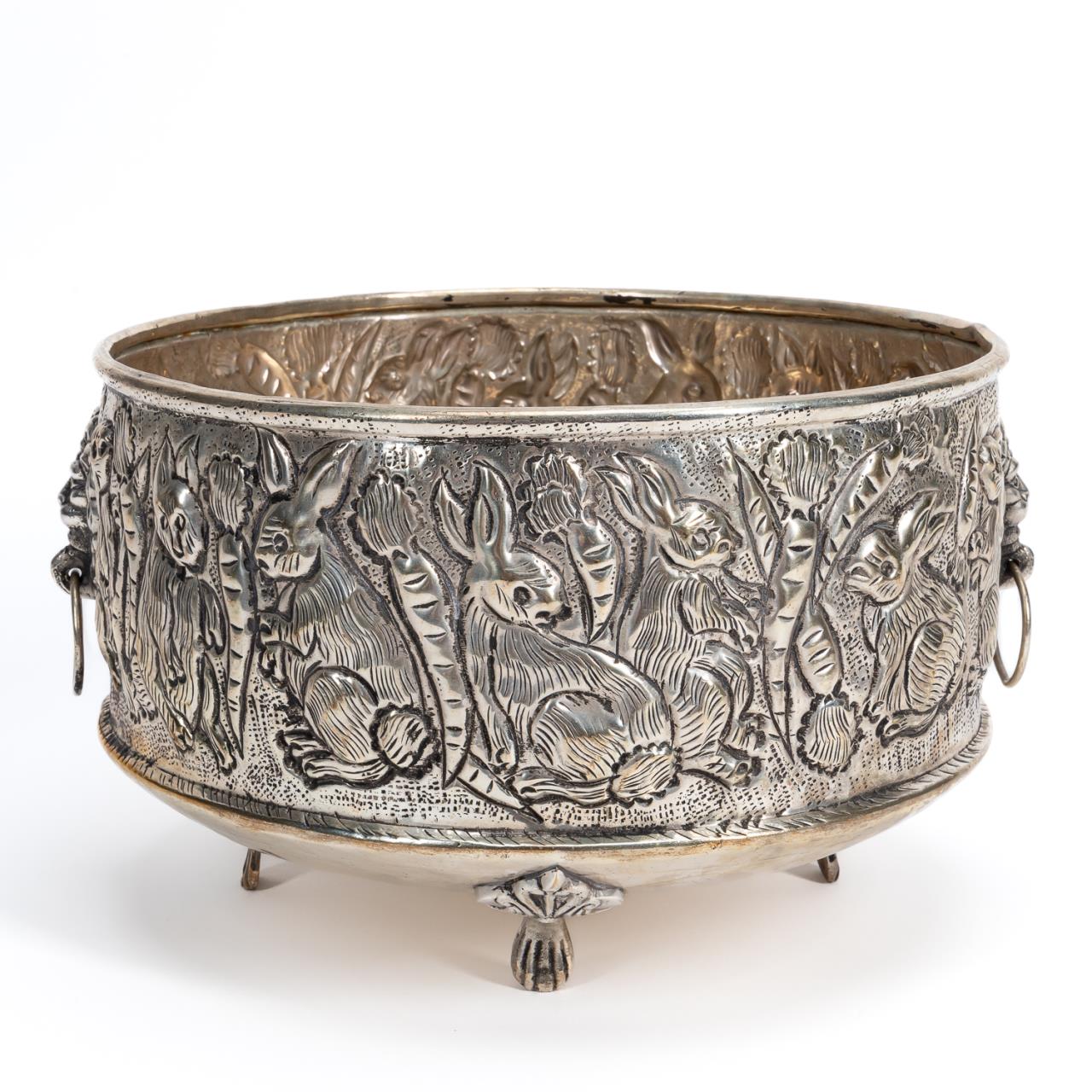 FOOTED SILVER REPOUSSE BOWL, RABBITS