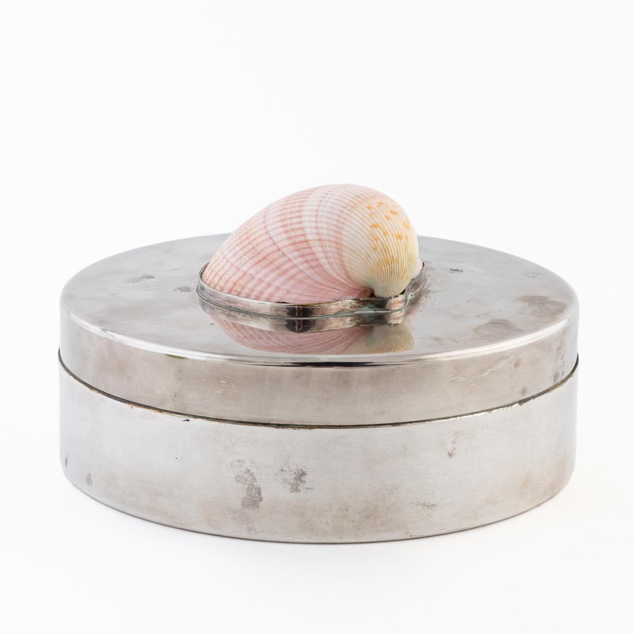 ROUND SILVER PLATE LIDDED BOX WITH SEA