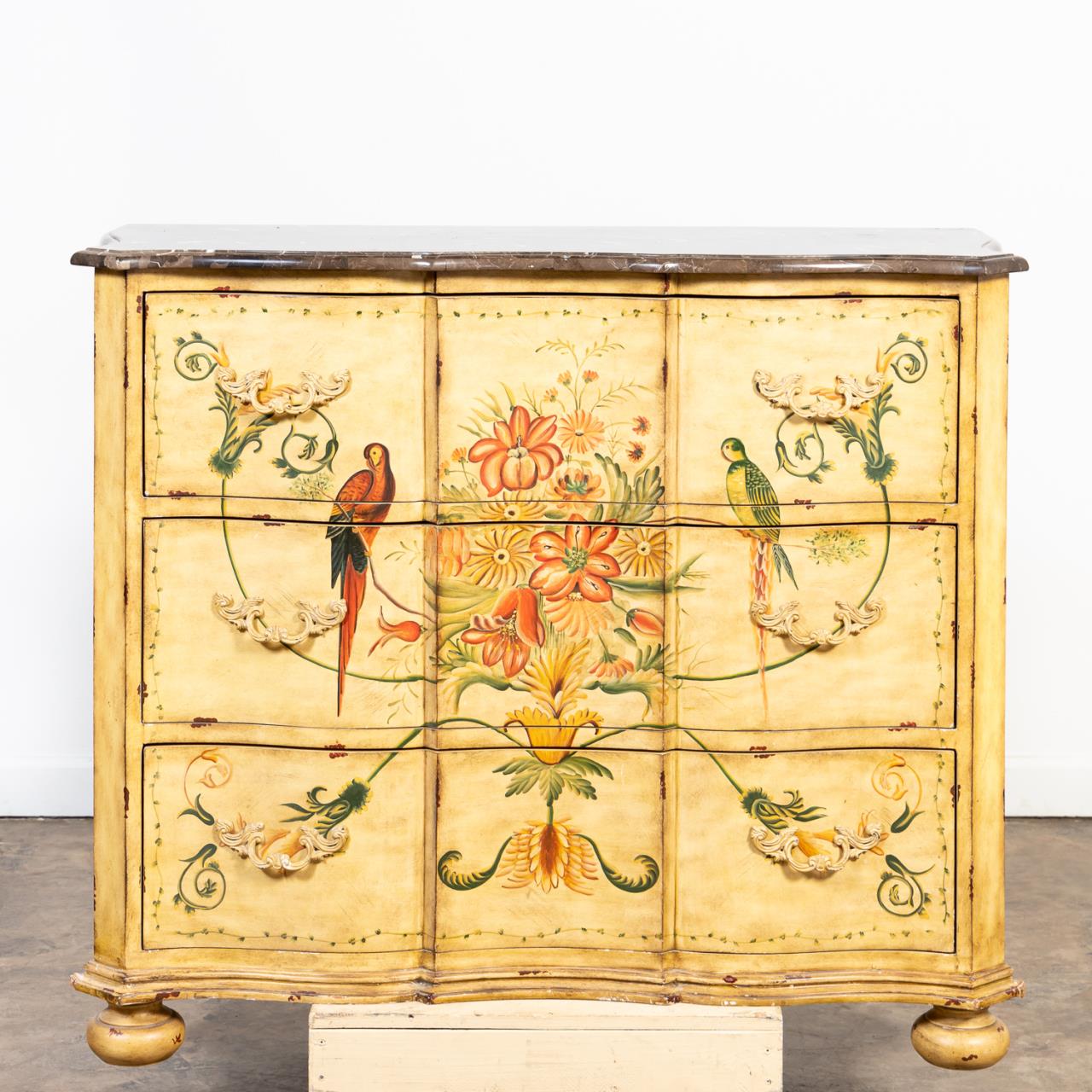 MARBLE TOP TROPICAL DECORATED THREE-DRAWER