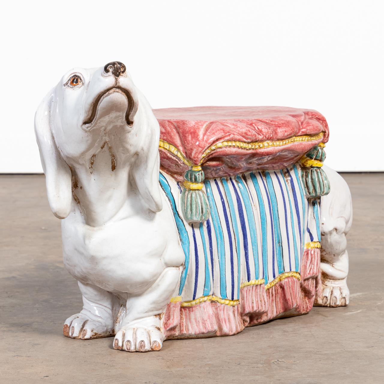 MAJOLICA DACHSHUND FORM GARDEN FOOTSTOOL