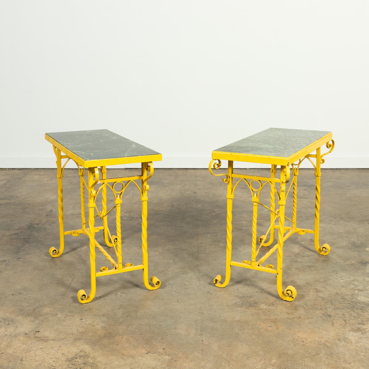 PAIR GOTHIC IRON GARDEN TABLES  3598ca