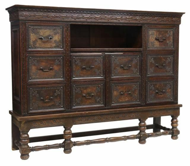 BAROQUE STYLE LEATHER PANELED OAK