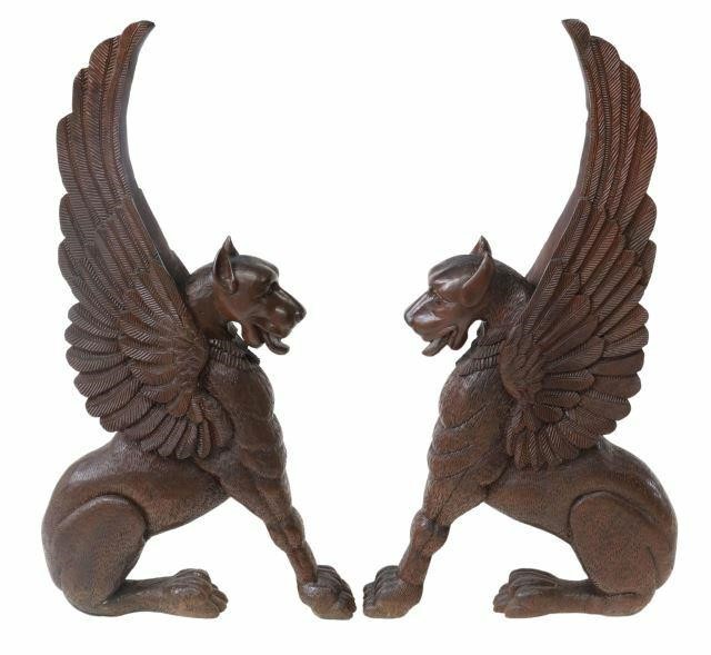 (2) CARVED MAHOGANY GRIFFIN ARCHITECTURALS(lot
