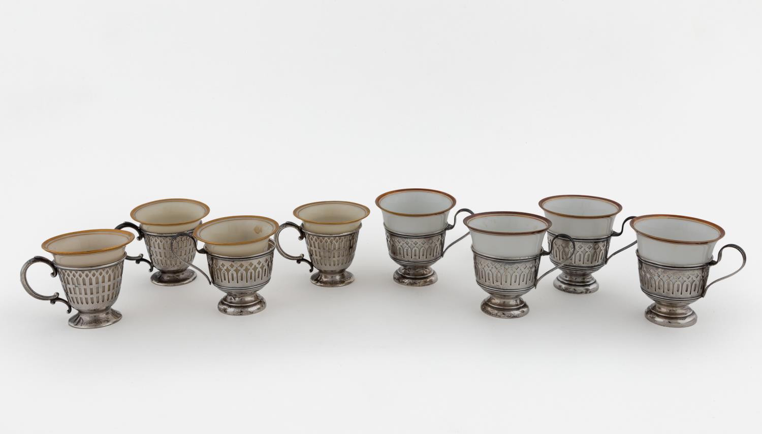 8 STERLING DEMITASSE CUPS WITH PORCELAIN