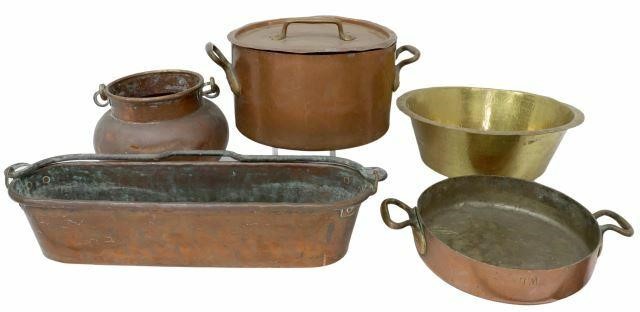  5 FRENCH COPPER BRASS KITCHENWARES lot 359e49