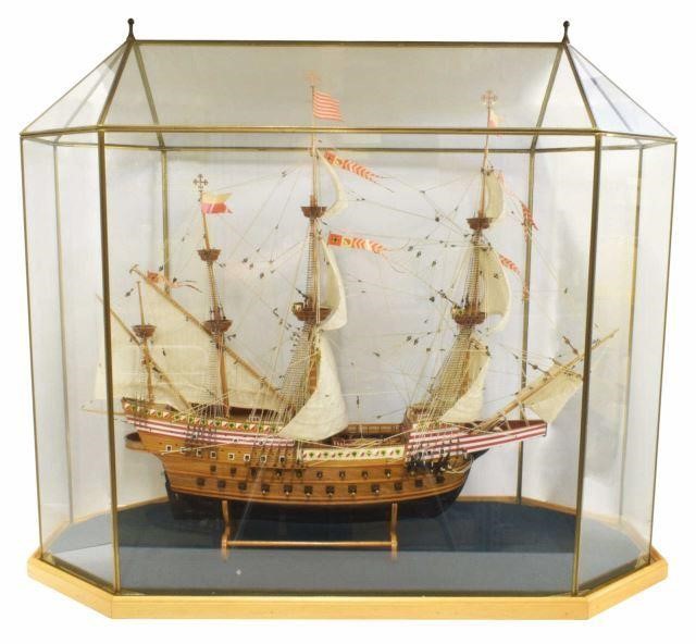 LARGE GLASS CASED SPANISH GALLEON