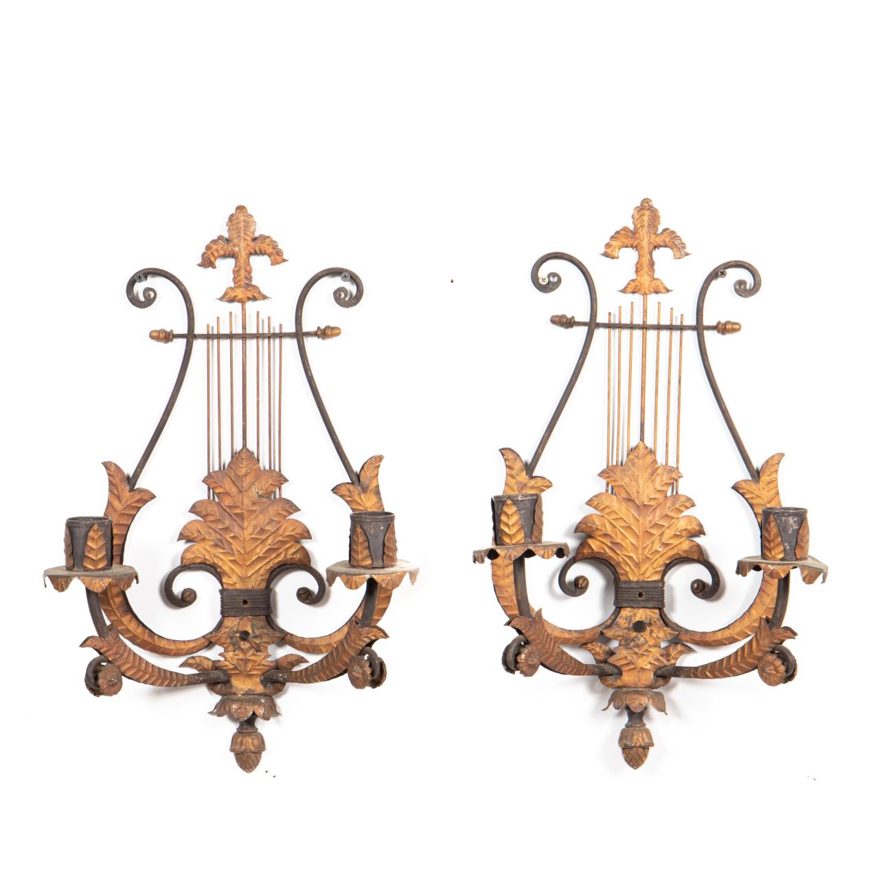 PAIR LYRE FORM TWO LIGHT TOLE WALL