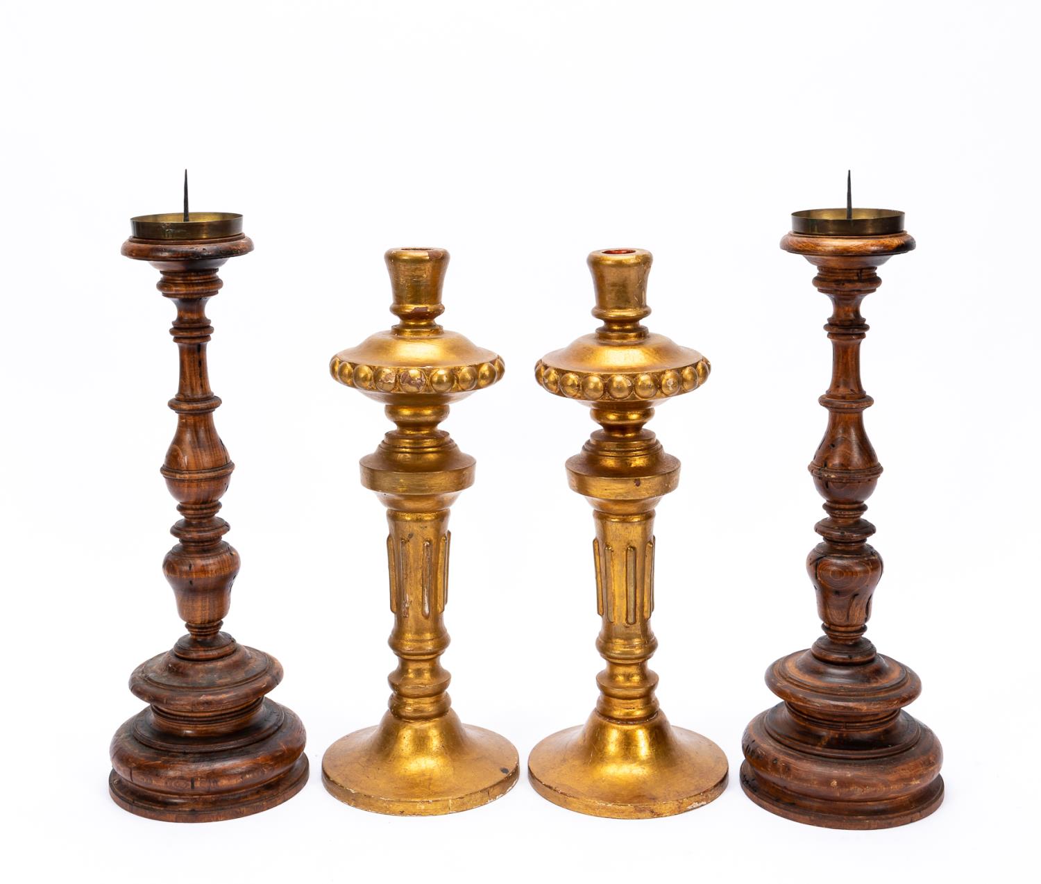 TWO PAIRS OF TURNED WOODEN CANDLESTICKS