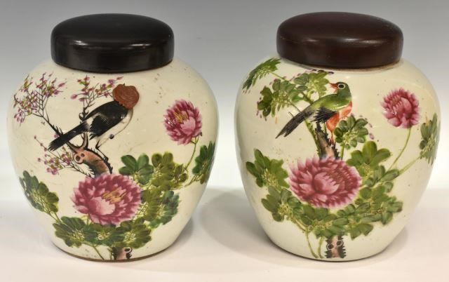  2 CHINESE PEONIES BIRDS PORCELAIN 35c79f