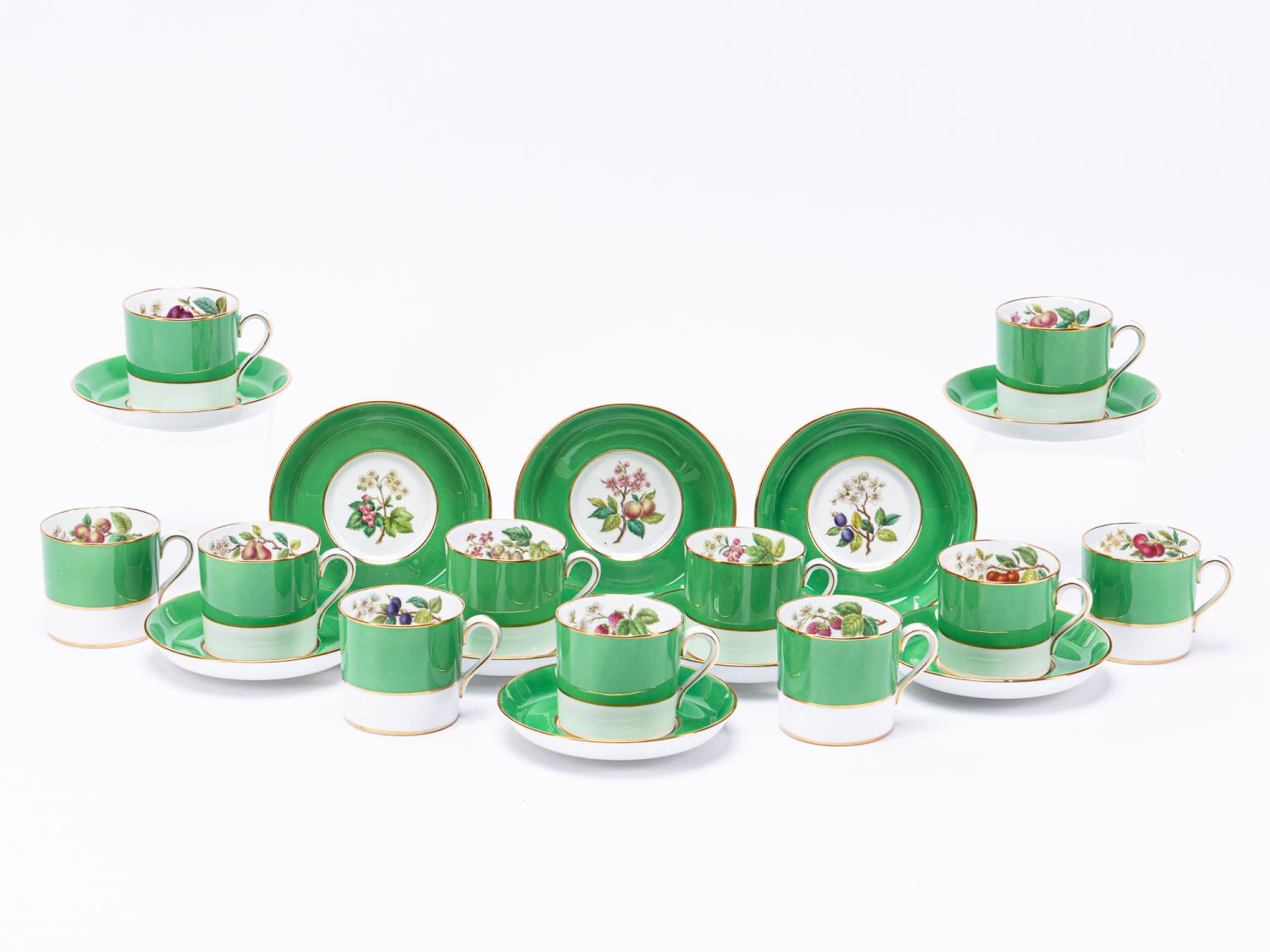 33 PCS, SPODE CUPS & SAUCERS WITH SILVER