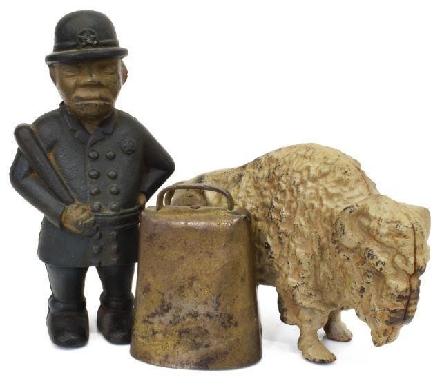 3) CAST IRON BISON & MULLIGAN COIN BANKS,