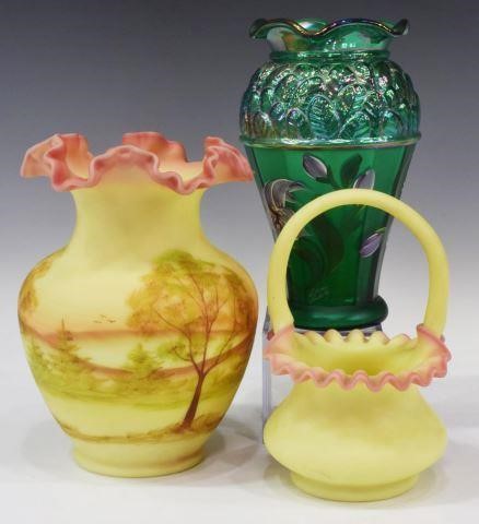 (3) FENTON GREEN LILY & PEACH BLOW ART