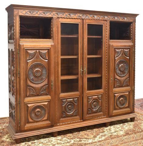 FRENCH BRETON CARVED OAK BOOKCASE,