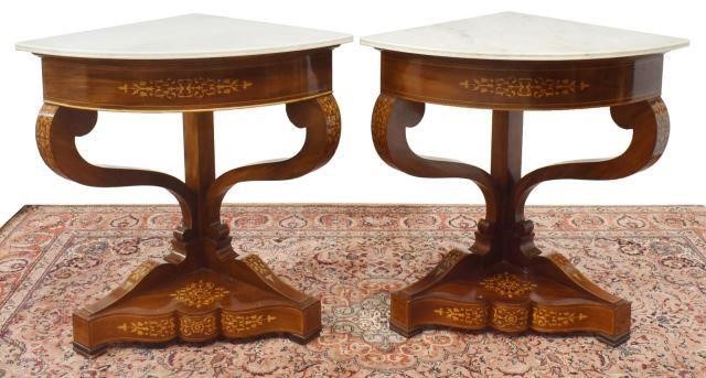 (2) MARBLE-TOP MAHOGANY MARQUETRY