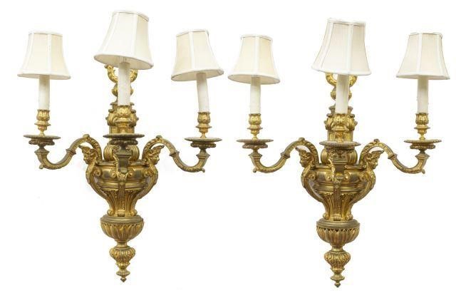  2 FRENCH DORE BRONZE THREE LIGHT 35cad1