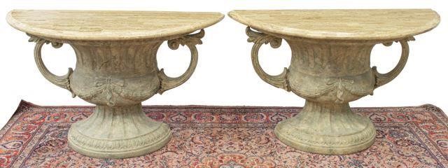 (2) STONE TILED DEMILUNE URN CONSOLE