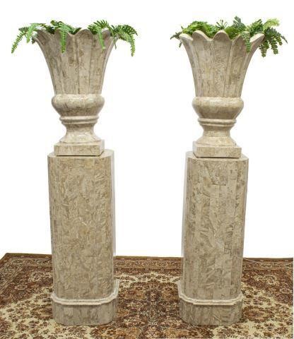  2 STONE TILED URN PLANTERS ON 35cb50