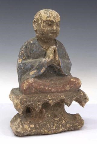 CARVED WOOD BUDDHA SEATED IN ANJALI
