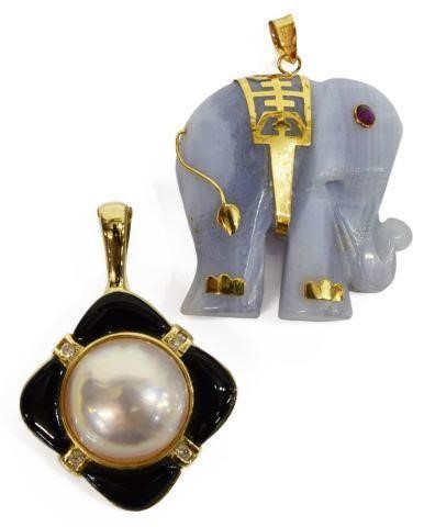 (2) 14K YELLOW GOLD MABE PEARL & ELEPHANT