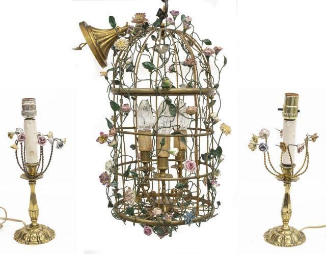 (3) BIRDCAGE FORM & PORCELAIN FLOWER