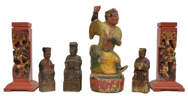 6) CHINESE CARVED TEMPLE FIGURES & INCENSE