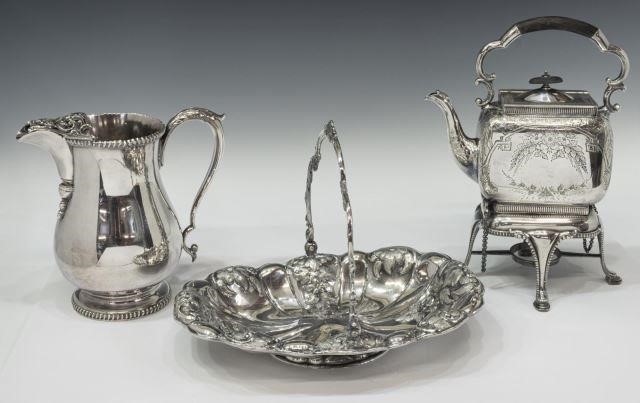 (3) SILVER PLATE KETTLE ON STAND,