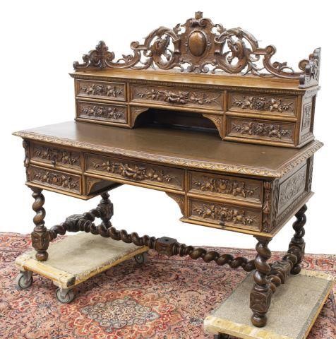 FRENCH HENRI II STYLE CARVED OAK WRITING