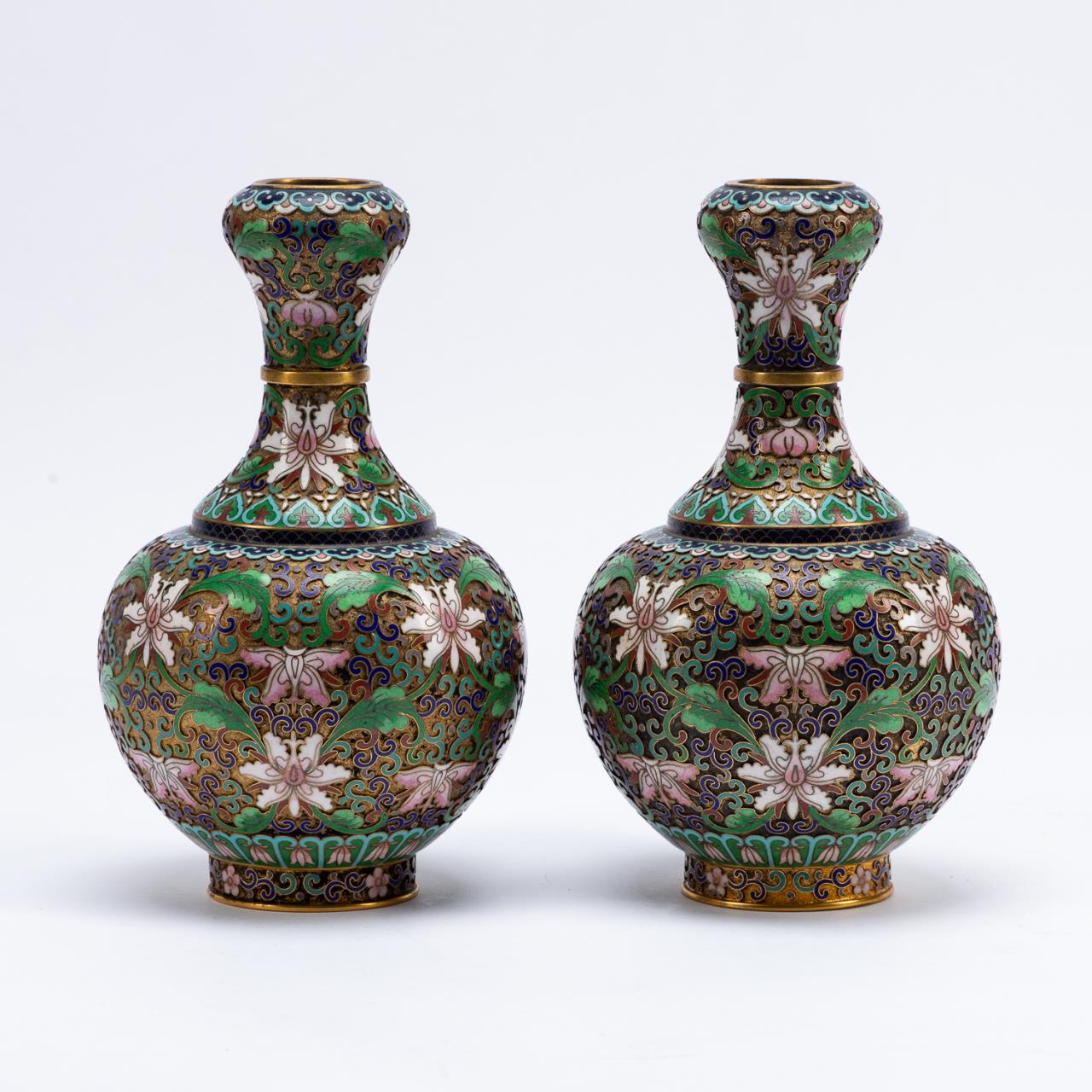 PAIR, CHINESE CLOISONNE LOTUS SUANTOUPING