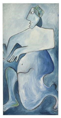 BLUE CUBIST STYLE PORTRAIT SIGNED