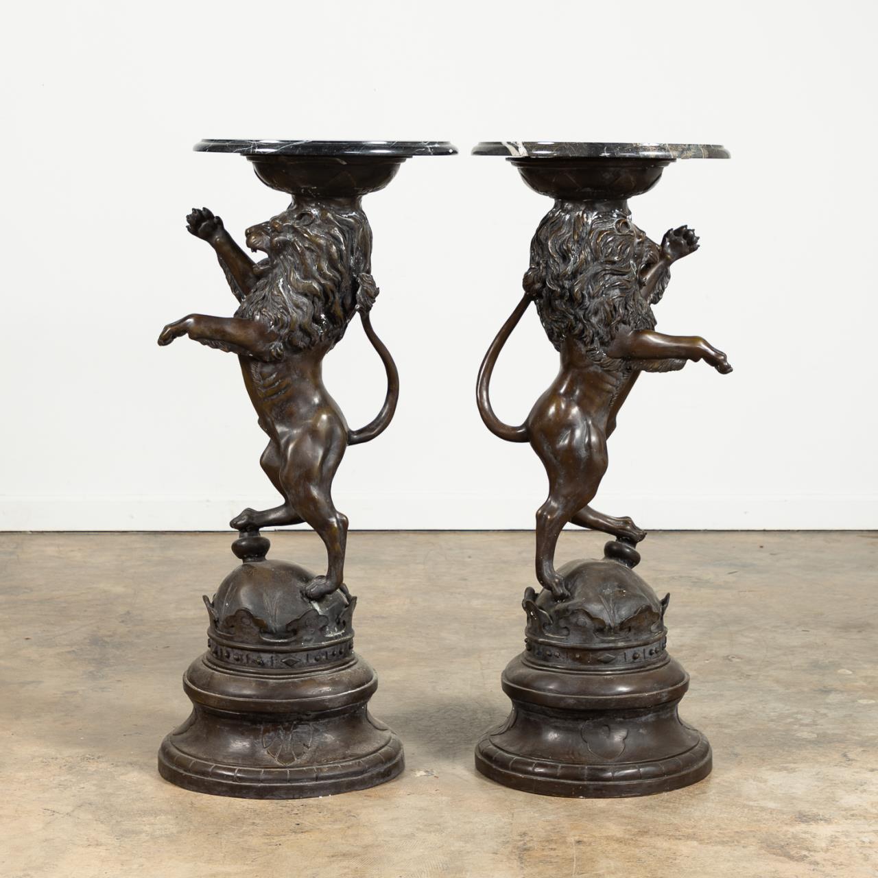 PAIR, BRONZE LION PEDESTALS W/