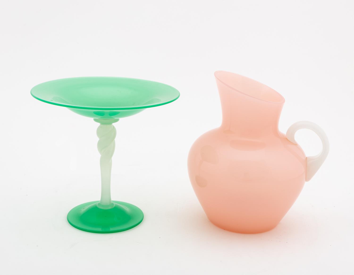 2 GLASS PCS, GREEN STEUBEN TAZZA & PINK