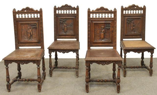  4 FRENCH BRETON CARVED OAK CHAIRS  35d5aa