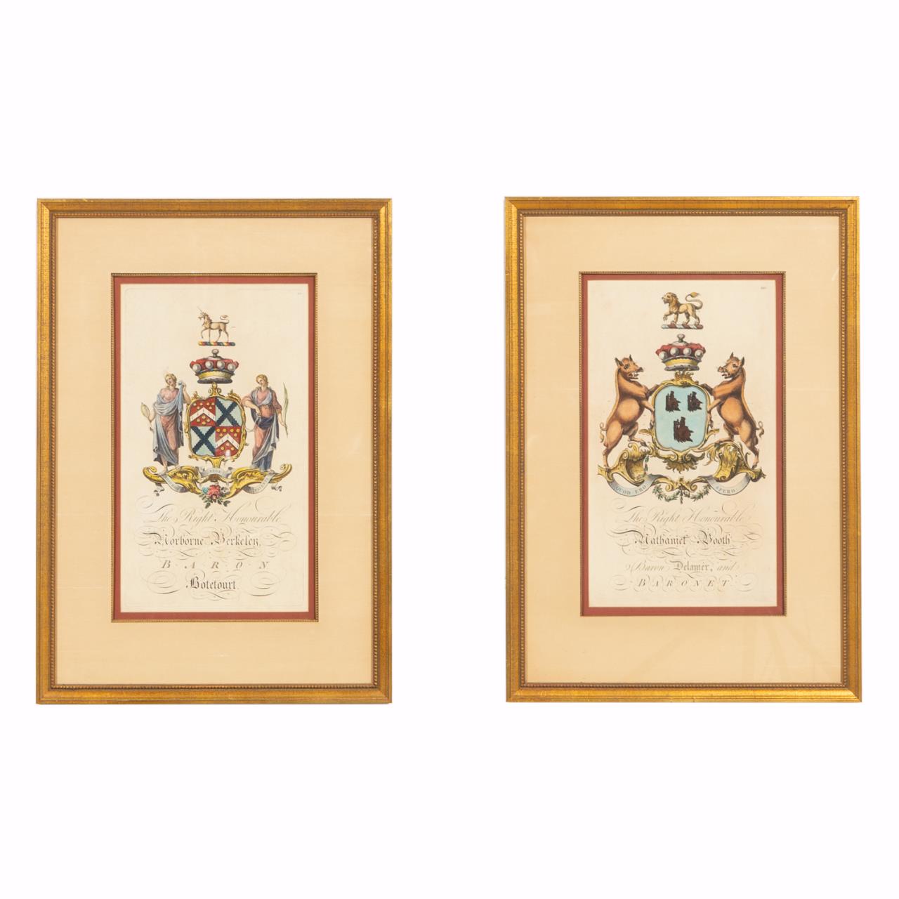 PAIR ENGLISH ARMORIAL HANDCOLORED ENGRAVINGS