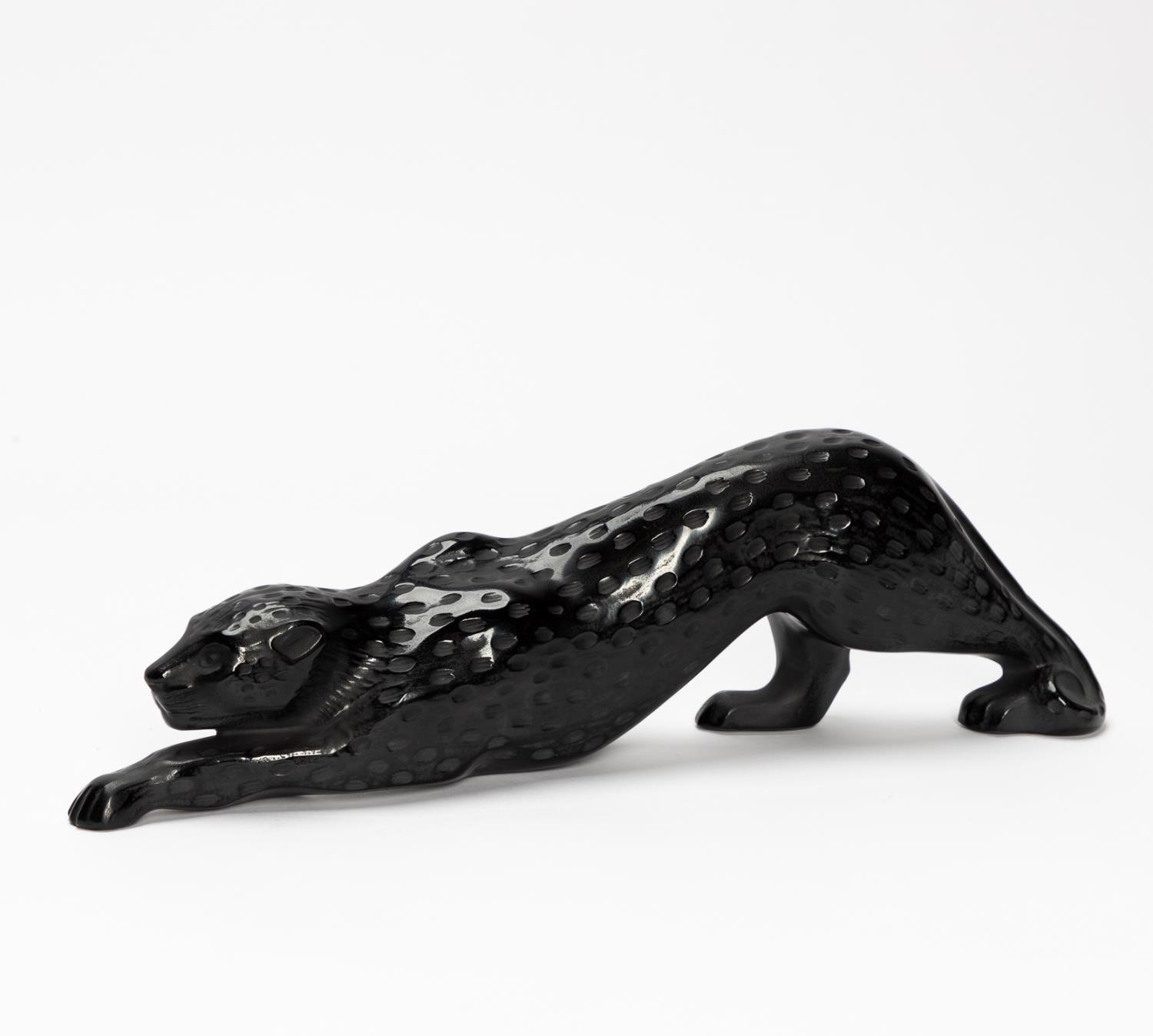 BLACK LALIQUE PANTHER ZEILA GLASS SCULPTURE