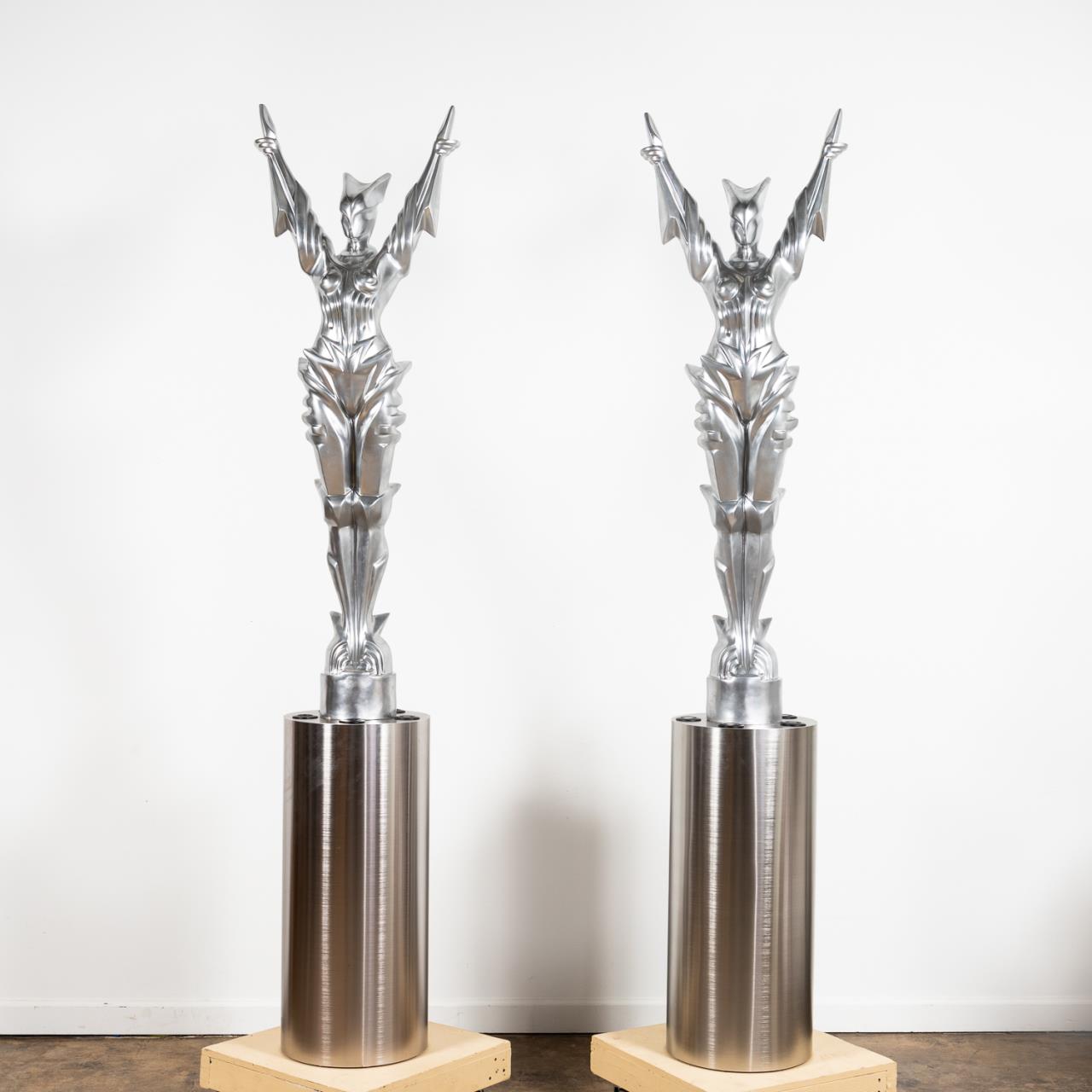 PAIR, ART DECO STYLE SILVERED STATUES